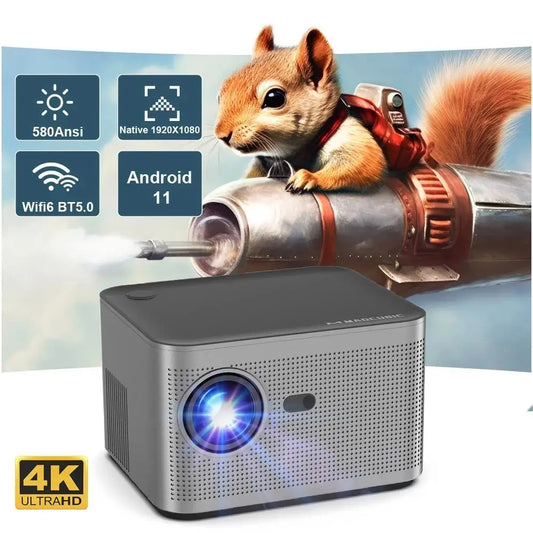 HY350 Keystone Correction Mini Projector, 4K 1080P Full HD Support 580 ANSI Smart Projector with WiFi6, BT 5.0, 150 Inch Screen, Portable Built-in Android OS 11.0 Home Theater Projector